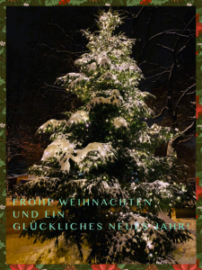 Ein verschneiter Tannenbaum, der mit einer Lichterkette geschmückt ist, in der Nacht. Die Umgebung ist tief verschneit. Im Hintergrund steht eine Markt-Bude, die Mandeln verkauft. Das Bild hat einen bunten Rahmen mit einem Christstern-Muster. Im unteren Teil steht in hellgrüner Schrift: „Frohe Weihnachten und ein glückliches neues Jahr!“