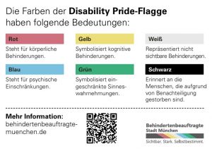 Die Farben der Disability Pride-Flagge haben folgende Bedeutungen: Rot: Steht für körperliche Behiderung. Gelb: Symbolisiert kognitive Behinderung. Weiß: Repräsentiert nicht sichtbare Behinderung. Blau: Steht für psychische Einschränkungen. Grün: Symbolisiert eingeschränkte Sinneswahrnehmungen. Schwarz: Erinnert an die Menschen, die aufgrundvon Benachteiligung gestorben sind. Darunter ist der QR-Code zur Website der Behindertenbeauftragten der Landeshauptstadt München und ihr Logo.