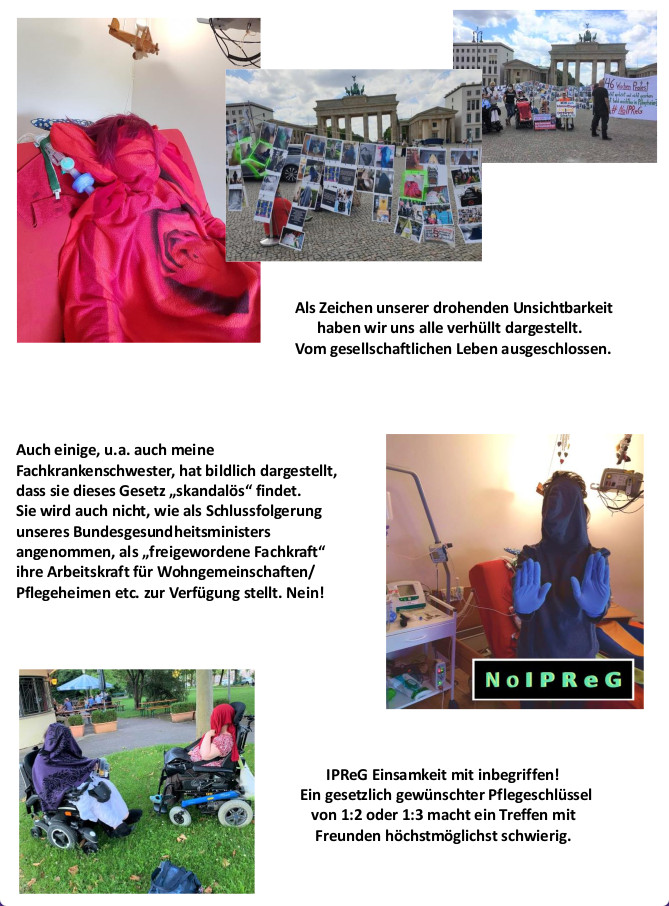 Foto-Collage und Impressionen von der Protestaktion gegen IPreG in Berlin von Susie Kempa. Frauen mit Behinderung verhüllen sich in Stoffbahnen und werden somit für andere "unsichtbar".