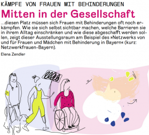 Screenshot Ausstellungsraum der Netzwerkfrauen-Bayern auf der Ausstellungsseite "Feministisch-verändern". Der Titel "Kämpfe von Frauen mit Behinderungen, Mitten in der Gesellschaft" mit Einleitungstext. Darunter gezeichnete Frauen mit verschiedenen Behinderungen.