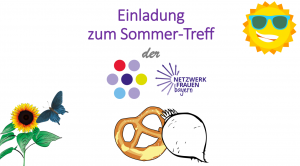 Stimmungsbild für die Einladung in den Biergarten. Abgebildet ist eine Sonnenblume mit Schmetterling, eine lachende Sonne mit Sonnenbrille und eine Breze neben einem Rettich. In der Mitte dieser Bilder prangt das Jubiläums-Logo der Netzwerkfrauen-Bayern.