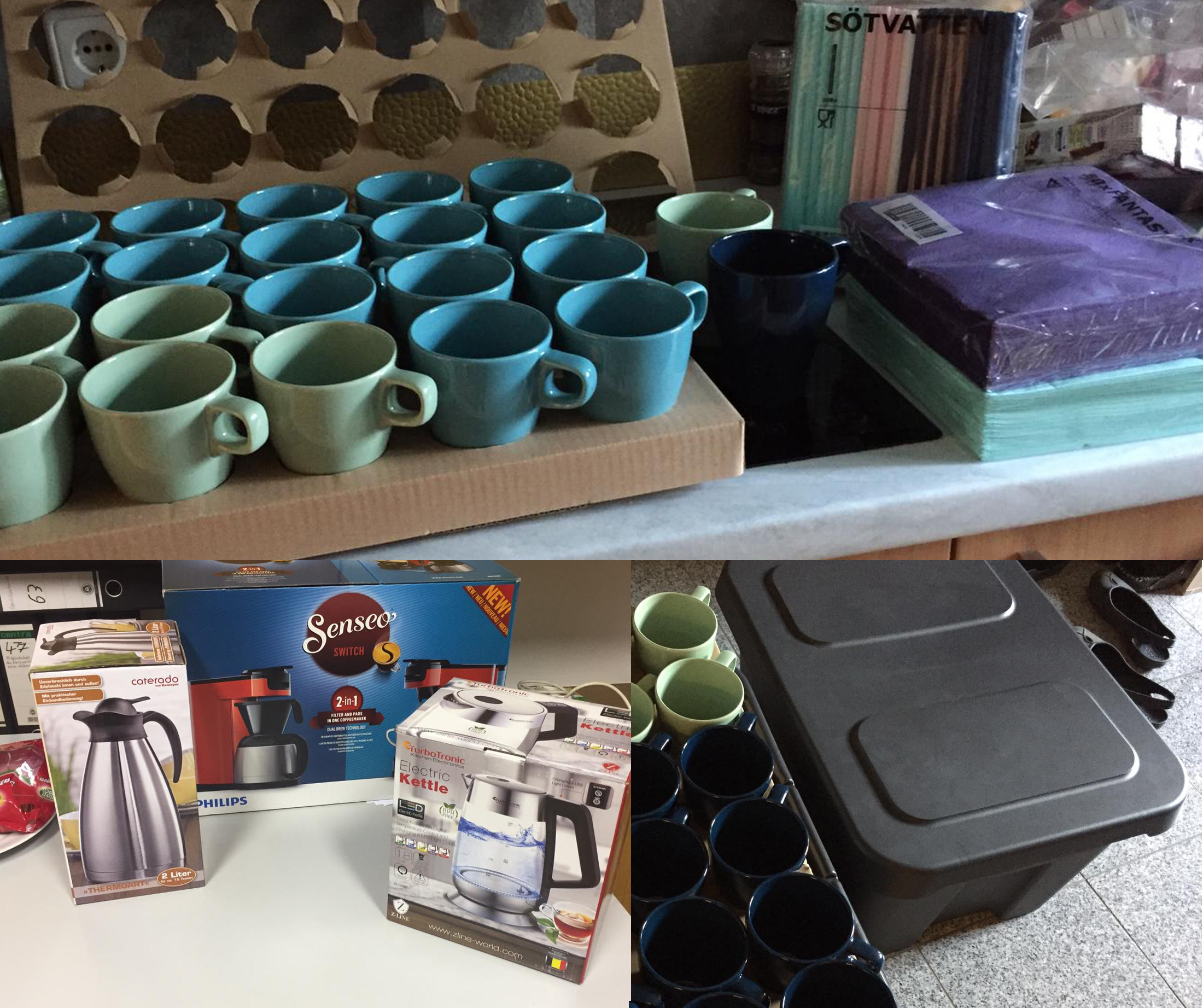 Bild von verschiedenfarbigen Tassen, Servietten, Strohhalmen, Küchengeräten und einer Transportbox